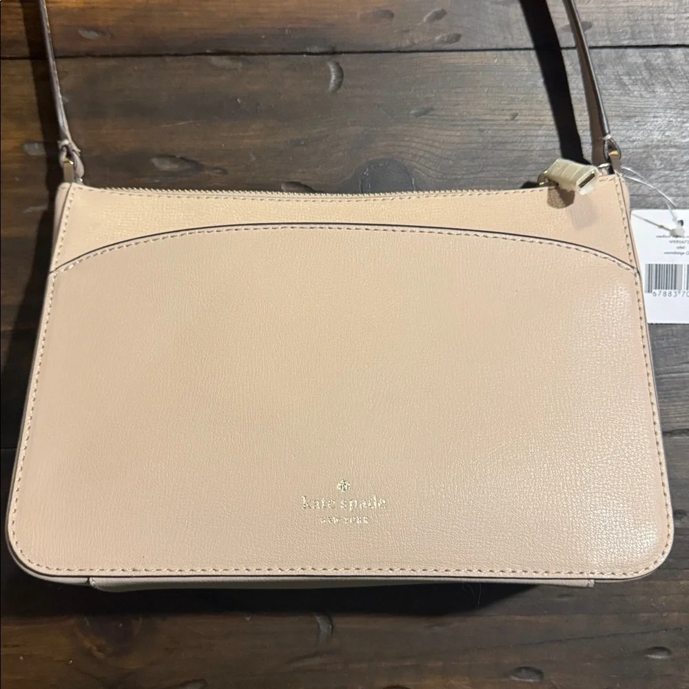 kate spade Warm Beige Leather Medium Top Zip Crossbody with Gold Heart Charm